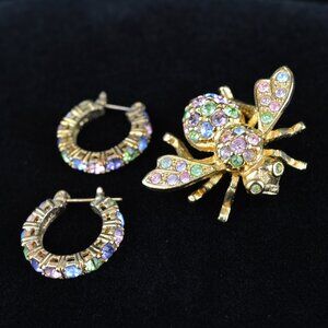 Vintage Joan Rivers Bee Brooch & Matching Hoop Earrings Set Pastel Rhinestone
